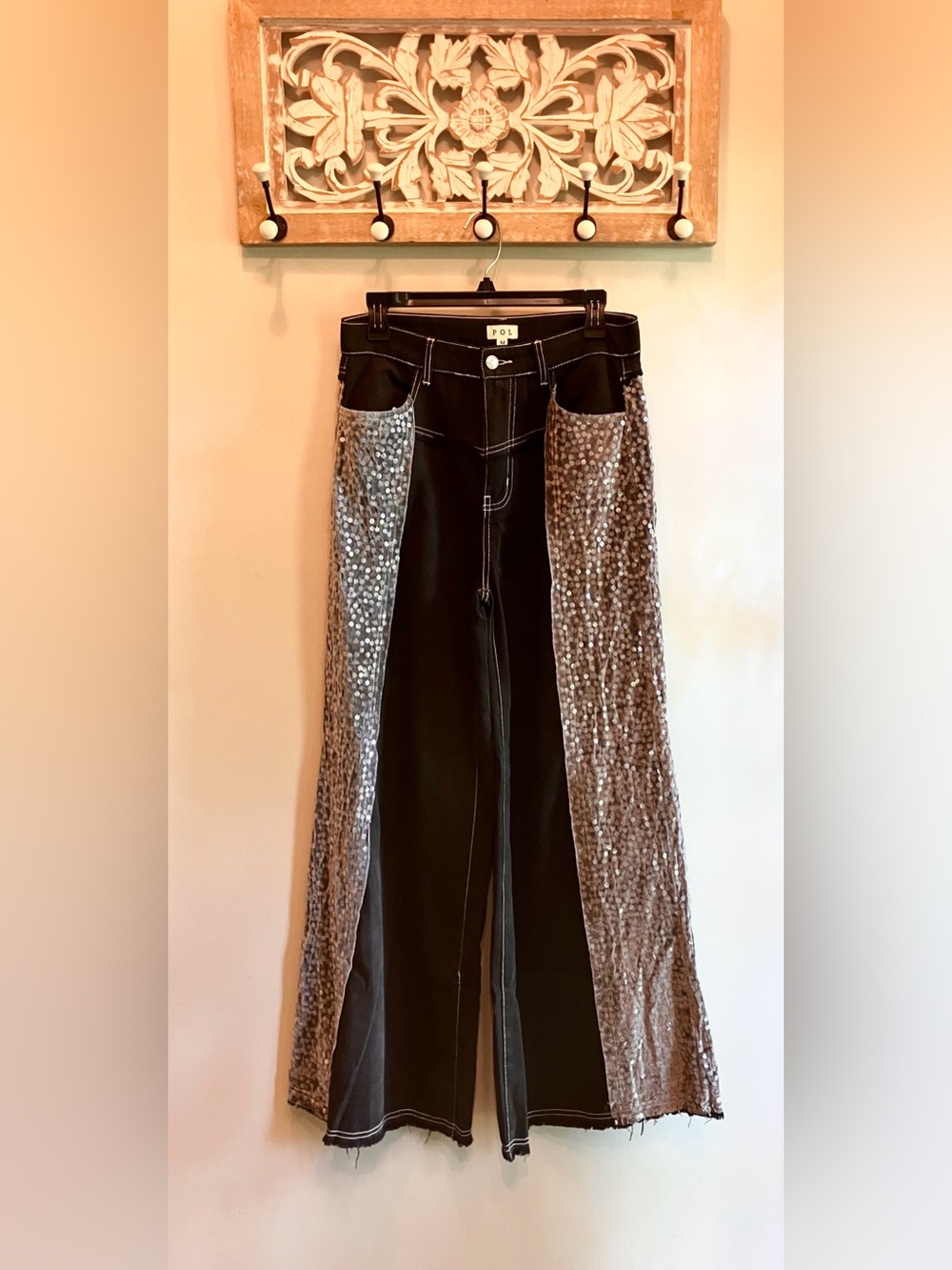 POL Floral Sequin-Panel Wide Leg Jeans - Black NWOT Size Medium